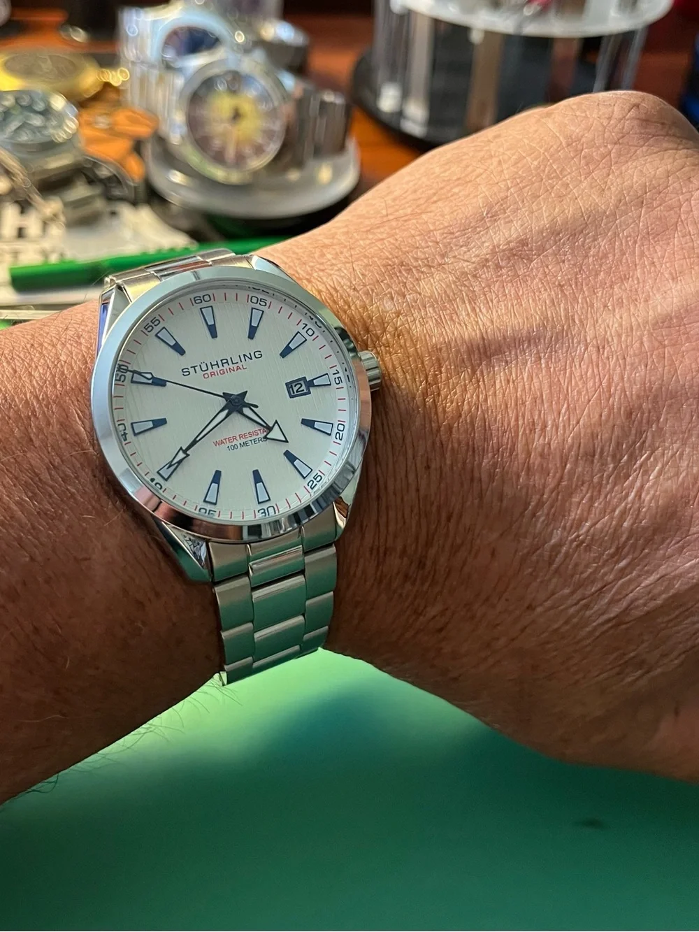 Stührling Original Stainless Steel Men's Watch - White Dial, Blue Accents